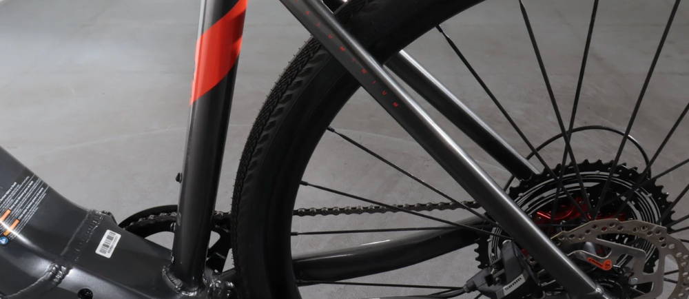 the rear part of the frame and the rear wheel on a Bulls Desert Falcon Evo electric road bike