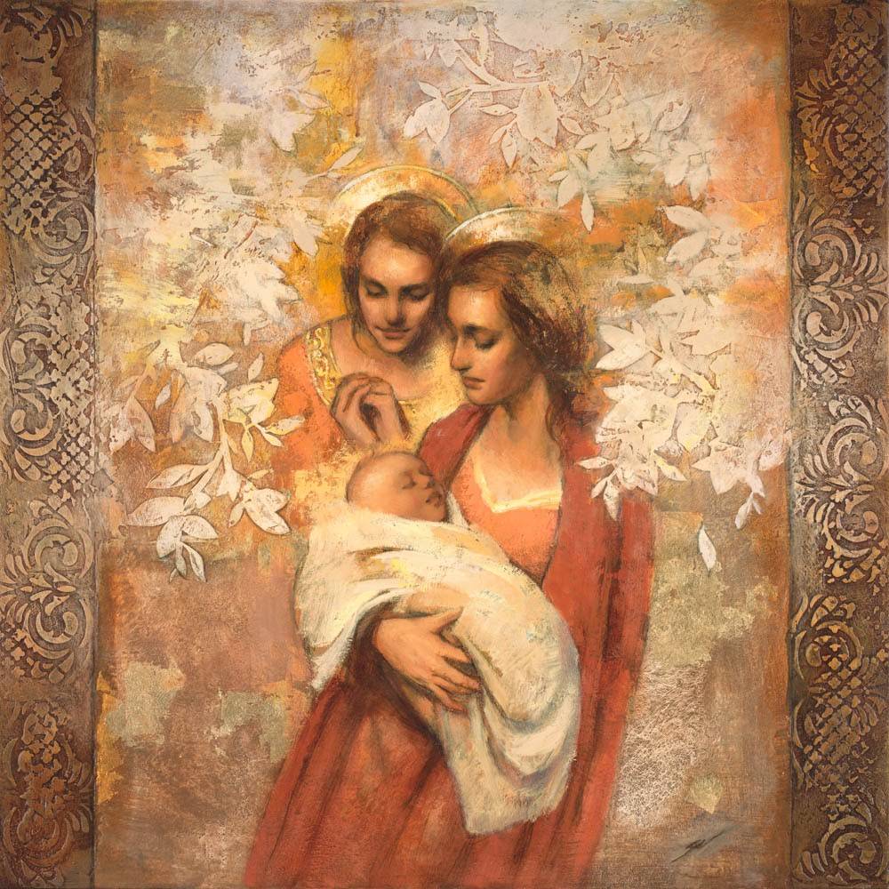 Painting of an angel comforting a young mother and her child. 