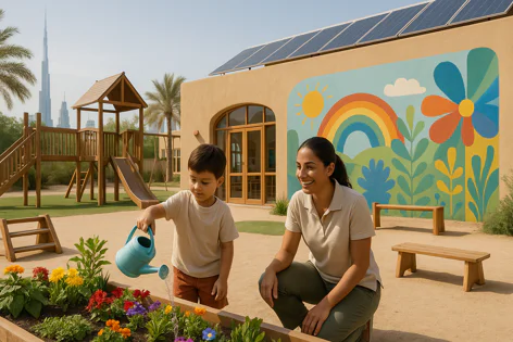 A young boy waters colorful flowers in a garden as a woman watches. Solar panels, mural, playground, palms, and Burj Khalifa are behind them.
