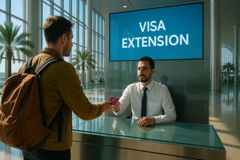 A man with a backpack hands his passport to an agent at a counter displaying "VISA EXTENSION" in a bright building with large windows.