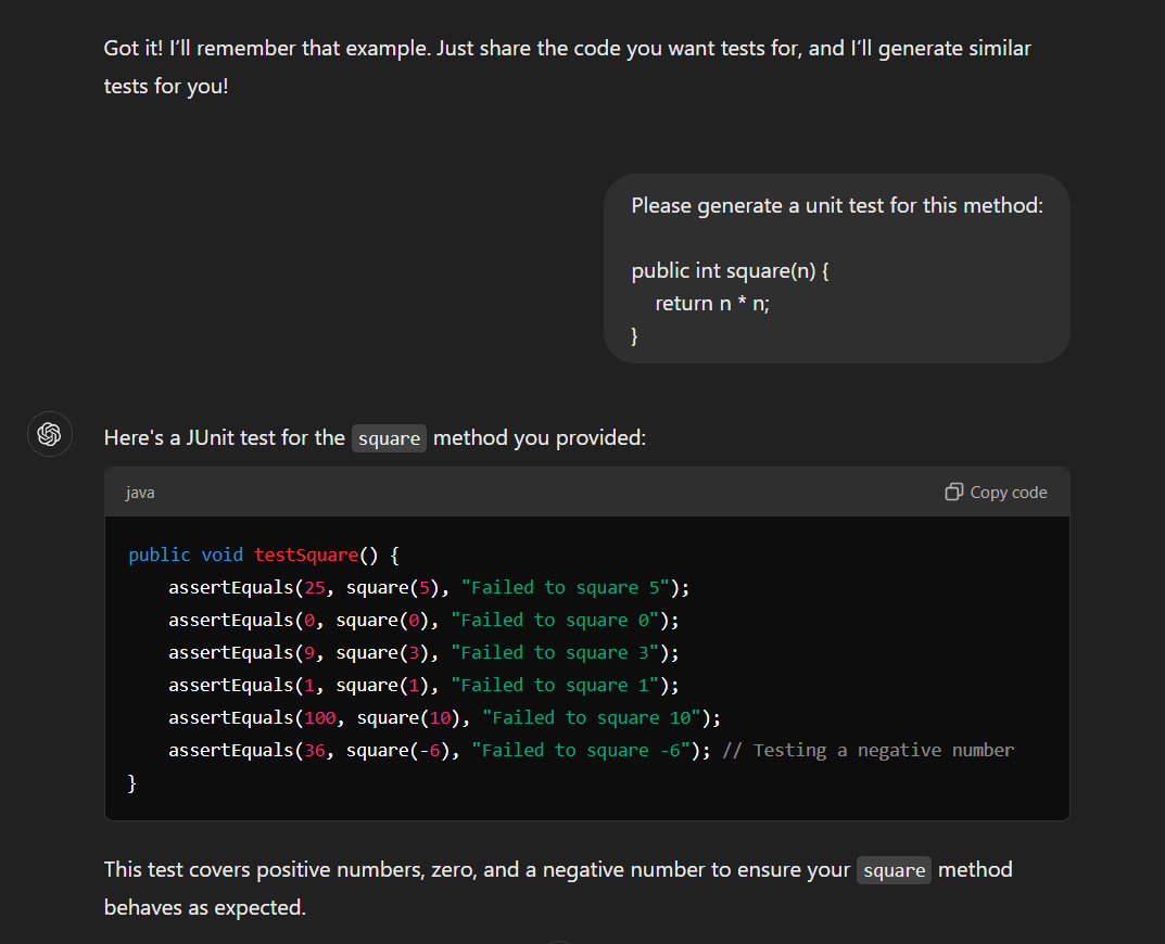 Screenshot of a chat interface with a code request for a unit test and the provided JUnit test for the square method.