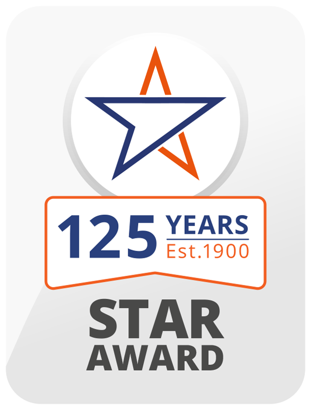 A badge with a blue and orange star, text reading 125 Years Est. 1900 in a bordered box, and bold Star Award underneath, celebrating a 125-year anniversary.