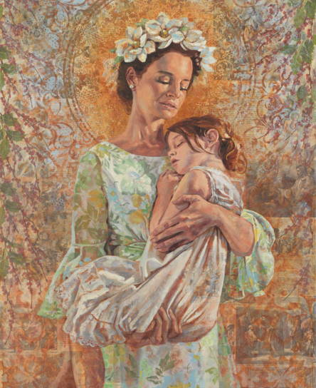 A mother wearing a flower crown and holding her sleeping little girl.