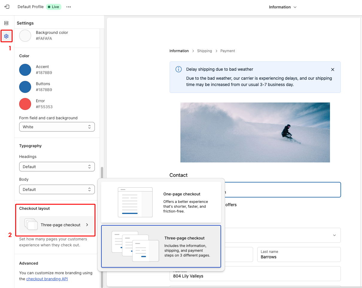 Checkout layout on Shopify Editor settings