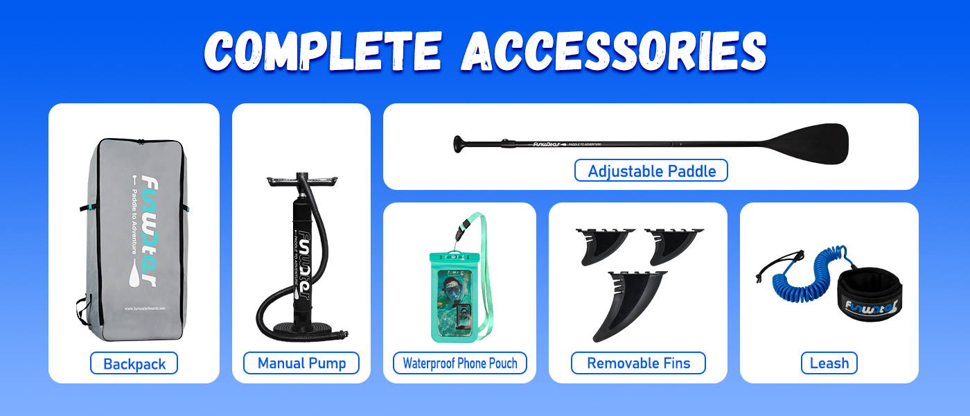 Inflatable SUP board comes with complete accessories: backpack, manual pump, waterproof phone pouch, removable fins, leash, adjustable paddle