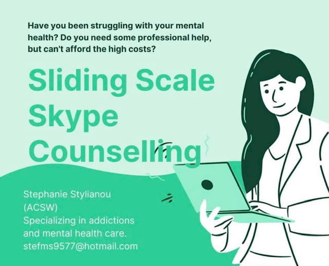 Have you been struggling with your mental health?  Do you need some professional help, but can't afford the high costs? Sliding Scale Skuype Counselling available with Stephanie Stylianou