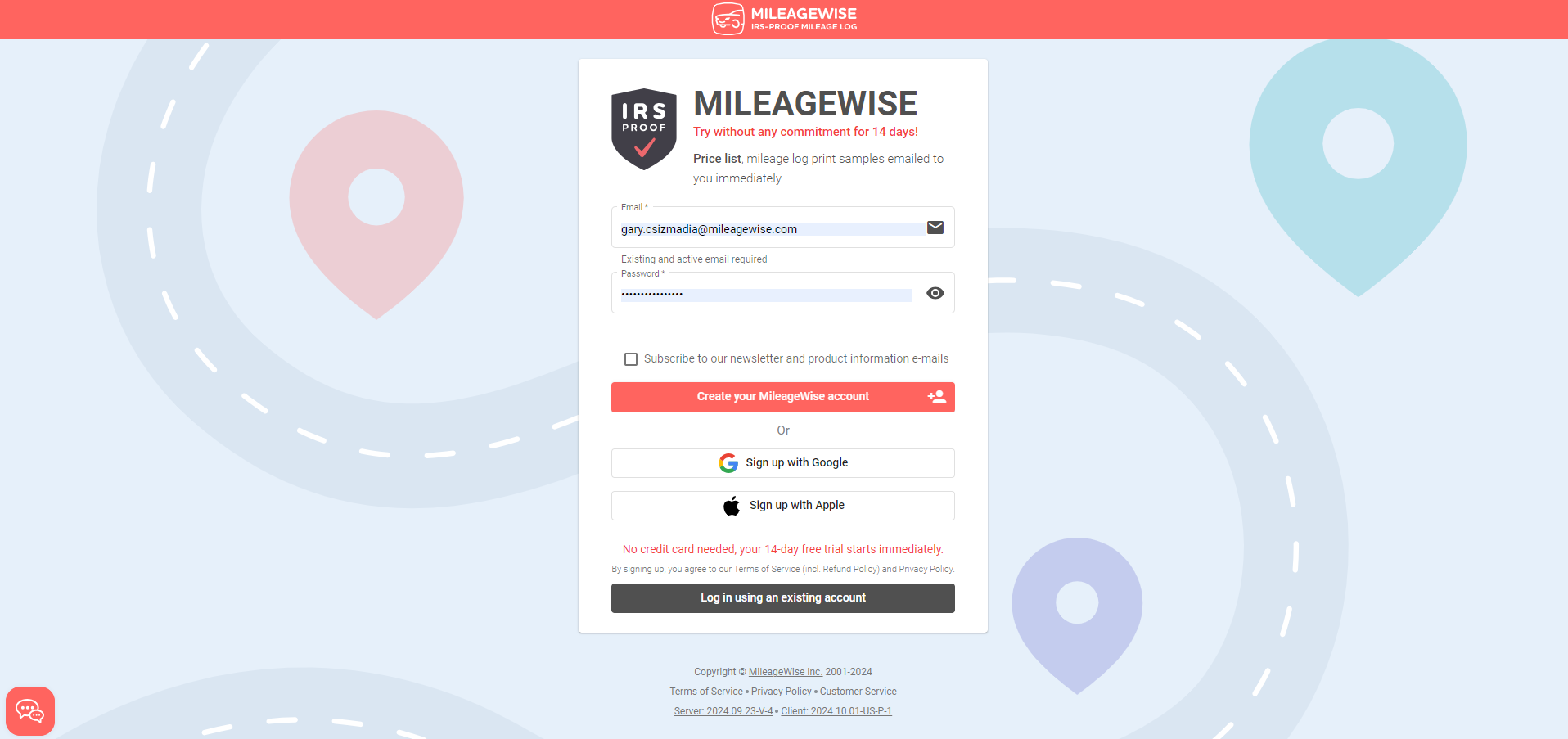 create new mileagewise account