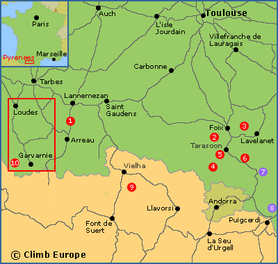 Map of the main rock climbing and bouldering areas in the French Pyrenees