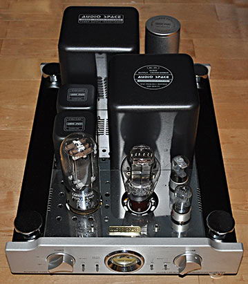 Audio Space Reference Three 845/805 vacuum tube monoblock power amplifiers (top view)