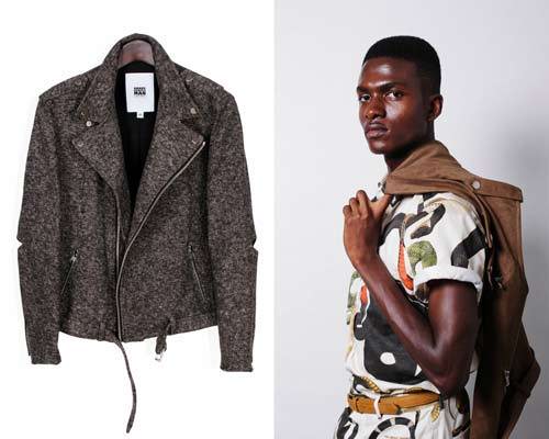 Recycled cotton and polyester tweed biker jacket and man wearing organic cotton serpent print short sleeve shirt with matching trousers from vegan menswear brand Brave Gentleman