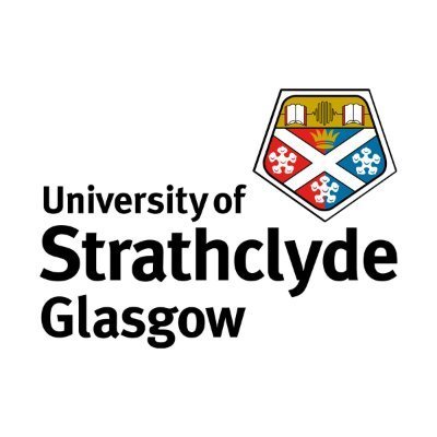 University of Strathclyde Glasgow logo with black text and a colorful shield featuring symbols representing academia, industry, and science.