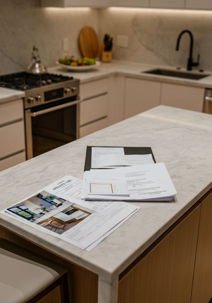 A seller preparing for an appraisal by organizing documentation of recent kitchen renovations in their Gold Coast condominium. Receipts, before-and-after photographs, and contractor invoices are neatly arranged on a marble island. The modern kitchen features high-end appliances, custom cabinetry, and designer lighting fixtures that significantly enhance the property's value.