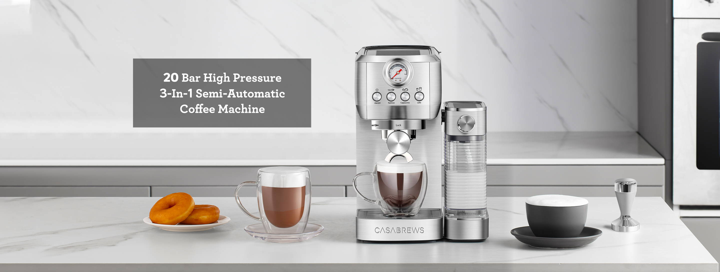 Casabrews 20 bar high pressure 3-in-1 semi-automatic coffee machine 3700 pro one touch to get a cup of barista-made coffee, an easier way to enjoy espresso, latte or cappuccino.