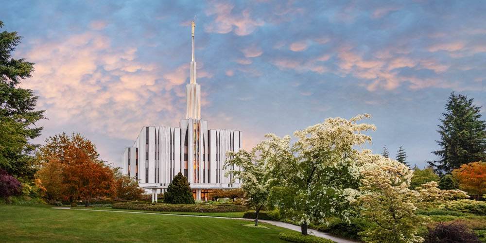 Seattle Temple picture featuring a variety of blossom trees.