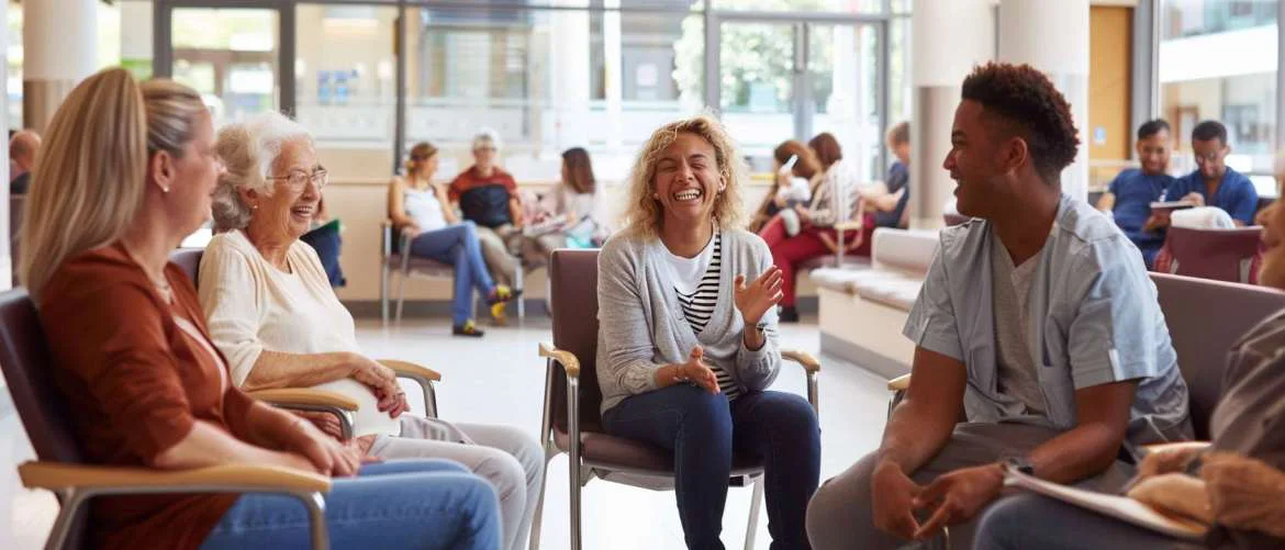 A nurse sharing a laugh with patients in a sunlit hospital waiting area