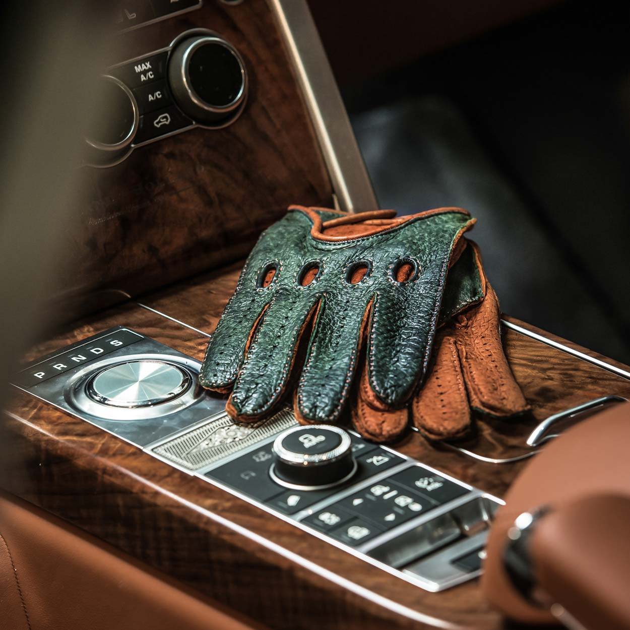 green brown driving gloves