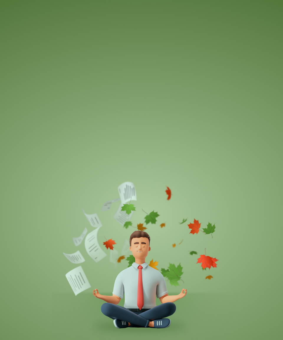 A business man in lotus position with papers and leaves flying behind him for Confetti's Virtual Meditation Class