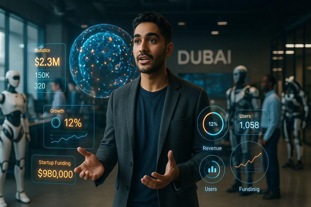 Businessman presents startup statistics like funding, growth, and users via glowing futuristic data overlays in a modern office setting with robots and a digital globe.
