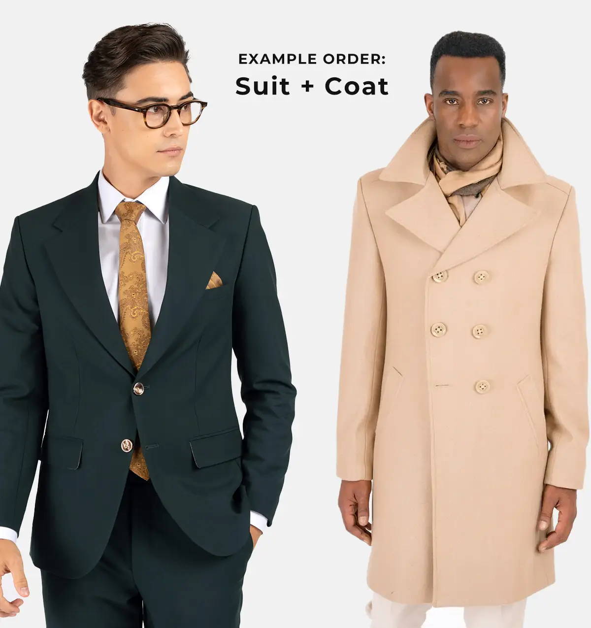 model in burgundy suit next to model in vest and pants