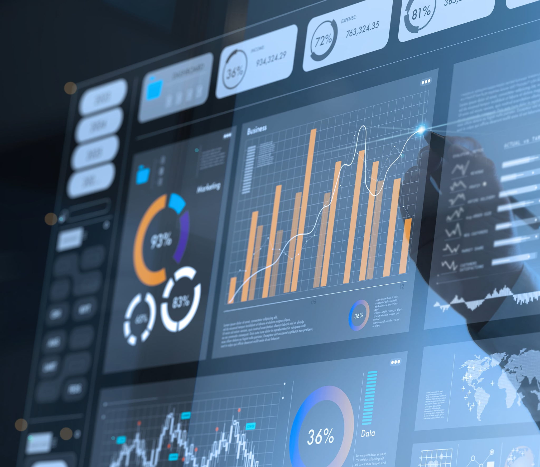A close-up of a digital dashboard displaying colorful graphs, bar charts, pie charts, and data analytics, with a persons hand interacting on the screen, suggesting real-time data analysis.