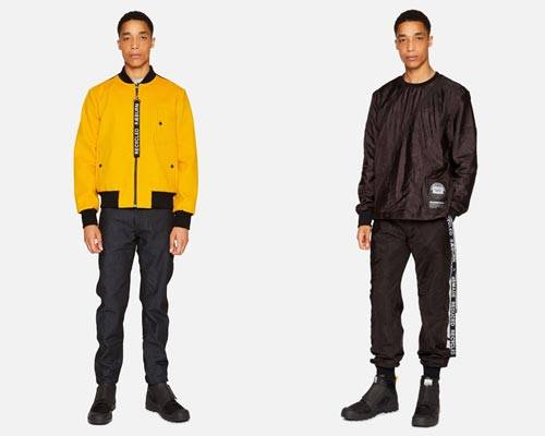 Man wearing recycled bright yellow woollen bomber jacket with black Raeburn branding and man wearing a black sweatshirt and matching sweatpants both made from recycled parachute material from sustainable menswear brand Raeburn