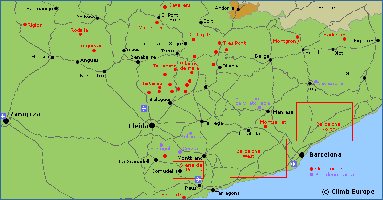 Map of the rock climbing, sport climbing and bouldering areas in Barcelona and Catalunya