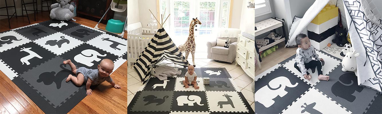 100% Safe Non-toxic 12 EVA Foam Floor Tiles with Safari Animals in a Storage Bag +20% Thicker and Softer Puzzle Mat for Crawling and Learning Foam Play Mat for Babies and Children Odorless