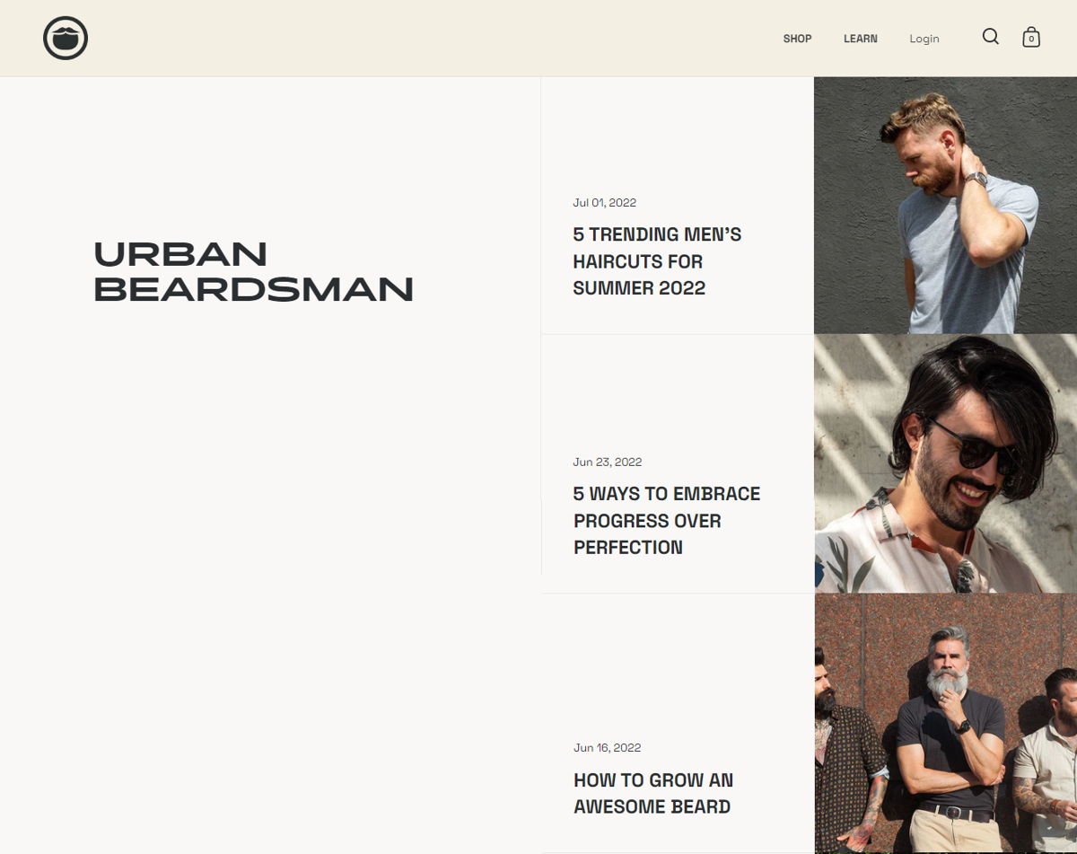 Screenshot of Urban Beardsman by Beardbrand, from the shopify blog examples collection.