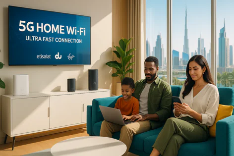 Happy family on a sofa in a modern living room using laptop and phone, with a TV advertising 5G Home Wi-Fi connection and views of the Dubai skyline.