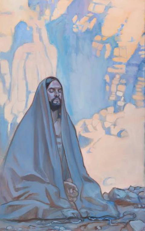 Jesus kneeling in prayer in the wilderness.