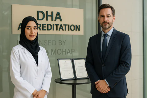 A woman in a lab coat and hijab stands with a man in a suit in front of a DHA Accreditation sign and framed licenses.