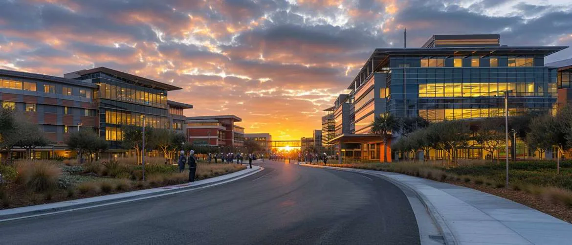 Olive View hospital stands resilient at twilight, embodying hope and renewal