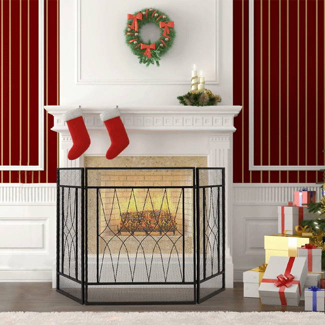 3 Panel Wrought Iron Fireplace Screen with Doors Large Flat Guard Metal Decorative Mesh Cover Baby Safe Proof Firewood Burning Stove Accessories