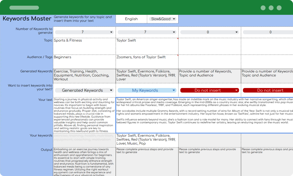 Pasting own text to insert keywords