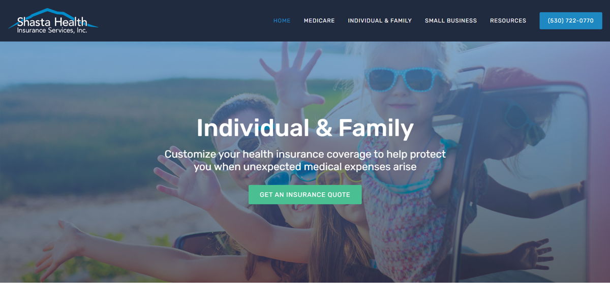 Screenshot of Shasta Health Insurance Services, from the insurance agent websites collection.