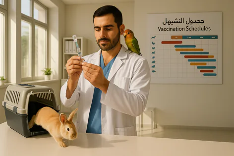 A veterinarian holds a syringe while a rabbit exits a pet carrier and a parrot sits on his shoulder. A vaccination schedule chart is in the background.