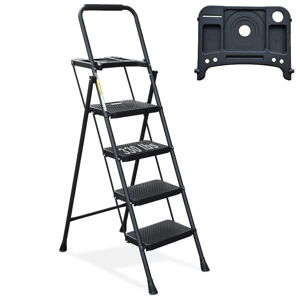 4 Step Ladder, HBTower Folding Step Stool with Tool Platform, Wide Anti-Slip Pedal, Sturdy Steel Ladder, Convenient Handgrip, Lightweight 330lbs Portable Steel Step Stool, Black