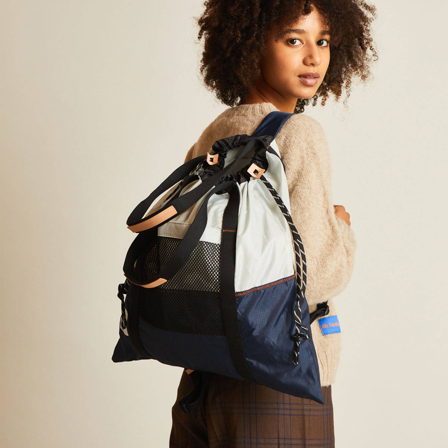 Harvey Packable Drawstring Tote/Backpack in Navy and Grey