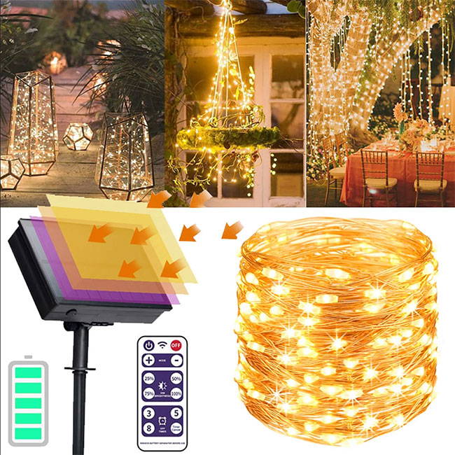 Solar fairy lights for outdoor powered by solar power, use with remote control. Warm LED light solar fairy lights.