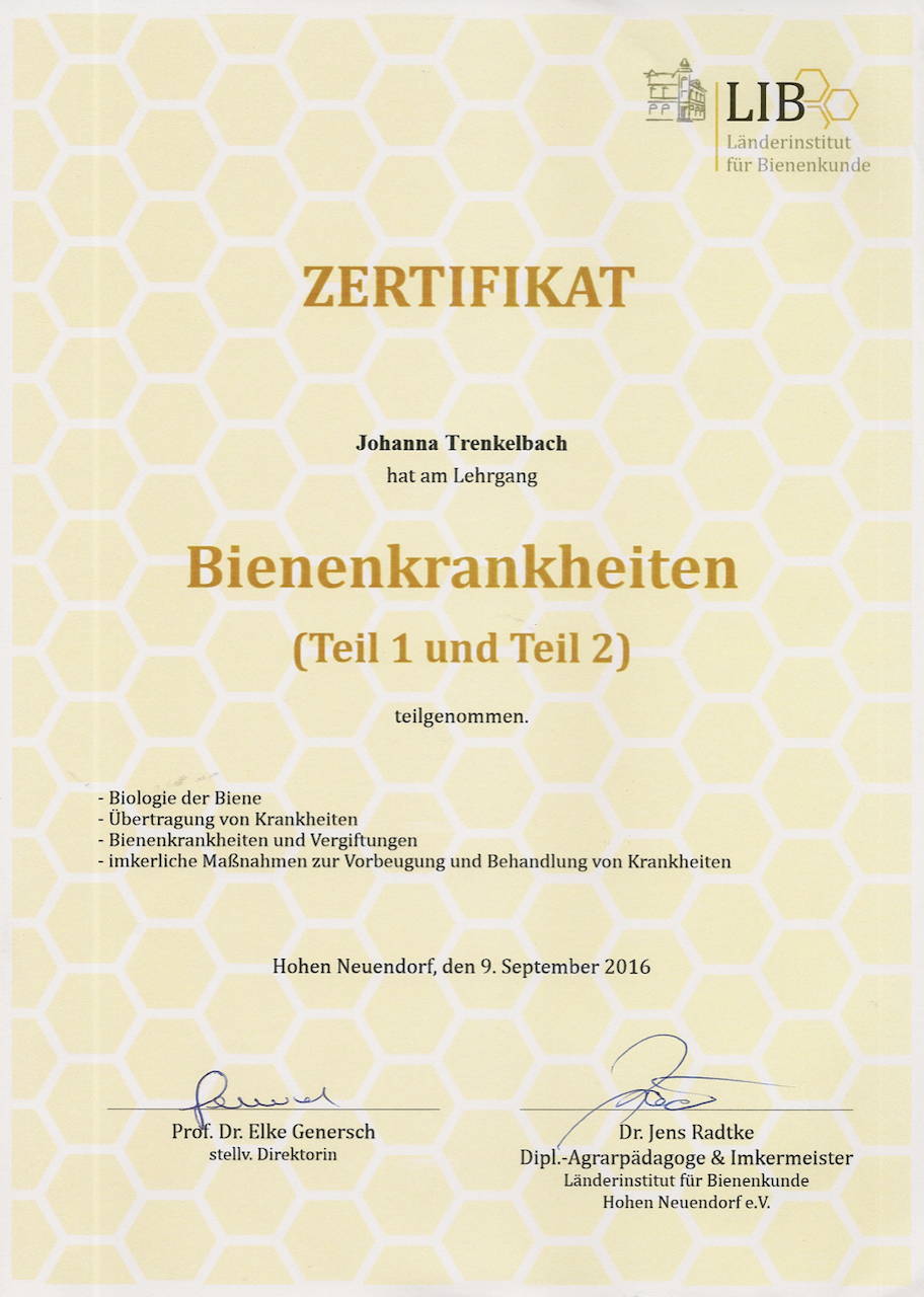 Zertifikat Bienenkrankheiten 1 und 2