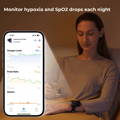Woman wearing Checkme O2 Max during sleep with mobile app showing oxygen level, pulse rate, and motion trends