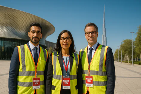 Three professionals in yellow safety vests and "Mission Visa" badges stand in front of the Museum of the Future and Burj Khalifa in Dubai.
