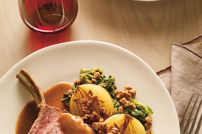 Roasted Pork Loin and Onions in Cider with Spelt Crumble and Sautéed Lettuce