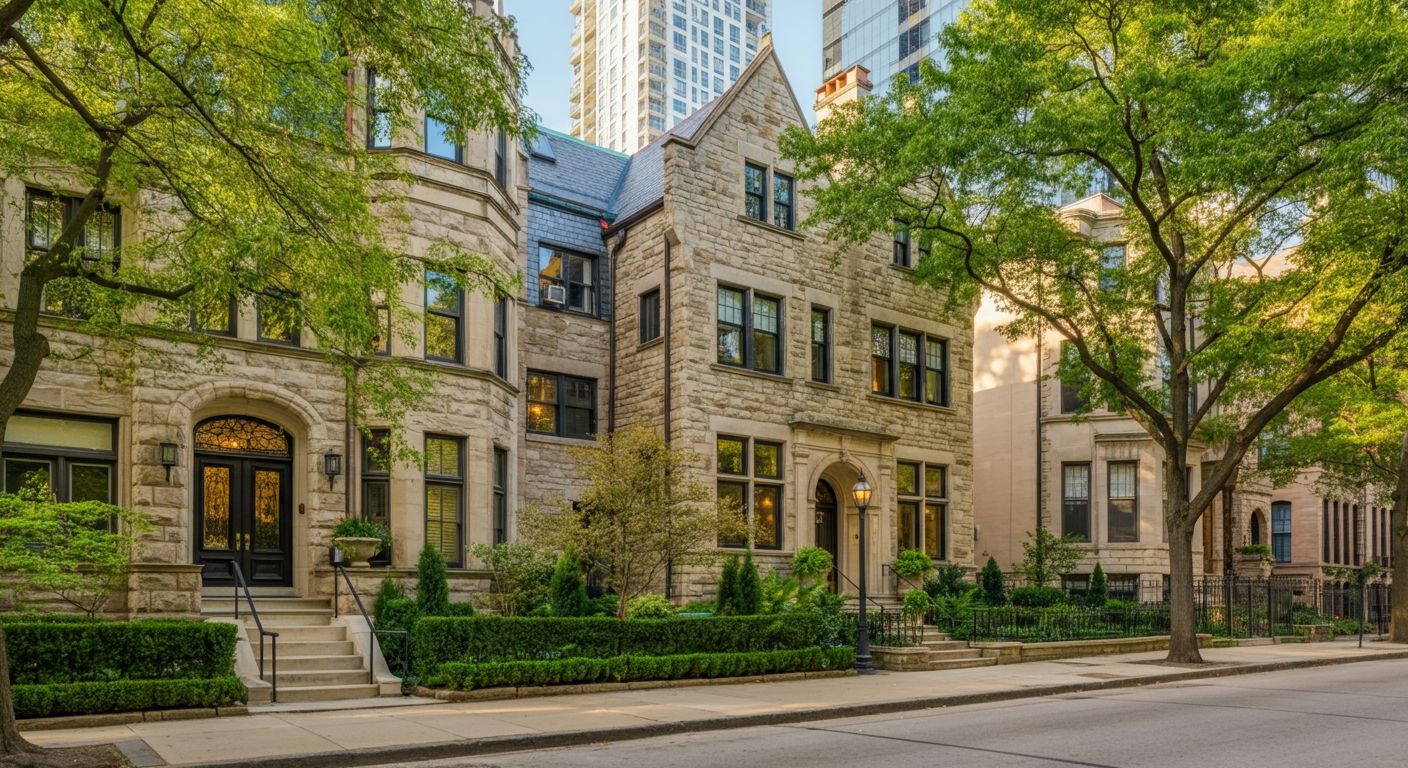 An elegant street view of Chicago's Gold Coast neighborhood showing historic stone mansions alongside modern luxury condominiums. The scene captures well-maintained properties with manicured gardens, mature trees lining the sidewalks, and the distinctive architectural details that make this area highly valued in the property market. The morning light casts warm tones across the facades, highlighting the premium real estate subject to Chicago's property tax structure.