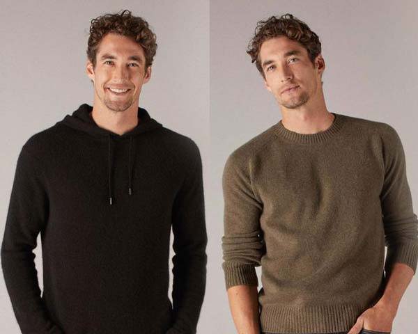 Man wearing black cashmere hoodie and man wearing olive green cashmere jumper