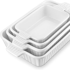 MALACASA Casserole Dishes for Oven, Porcelain Baking Dishes, Ceramic Bakeware Sets of 4, Rectangular Lasagna Pans Deep with Handles for Baking Cake Kitchen, White (9.4"/11.1"/12.2"/14.7"), Series