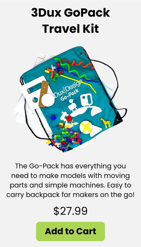 A lightweight STEM travel kit packed with 3DuxDesign connectors, modeling shapes, and simple-machine parts for building on the go. Perfect for makers who love creating moving models anywhere, anytime. Great for ages 6+.