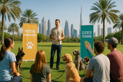 A dog trainer teaches owners and their dogs positive reinforcement and clicker training methods outdoors in a park with a city skyline background.