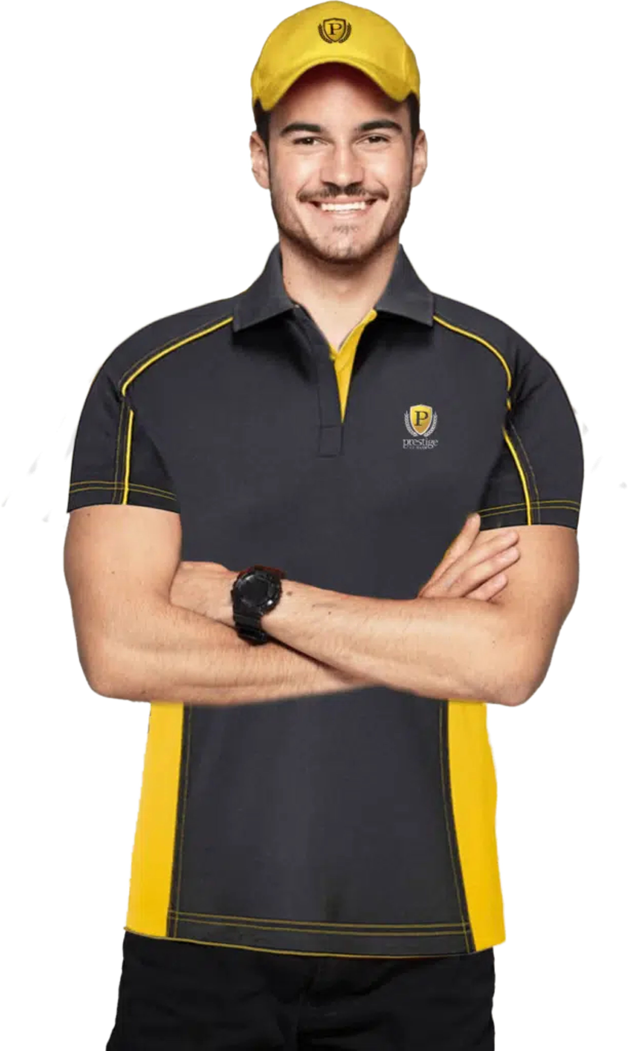 Smiling Prestige team member in the gold-and-charcoal Prestige uniform and cap