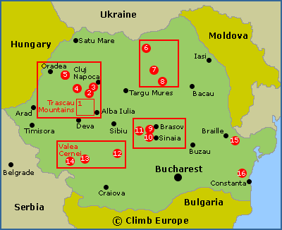 Map of the main rock climbing areas in Romania